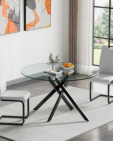HomVent 3 Piece Round Glass Dining Table Set, Round Glass Kitchen Table Set for 2 with 2 PU Upholstered Dining Chairs for Kitchen Dining Room