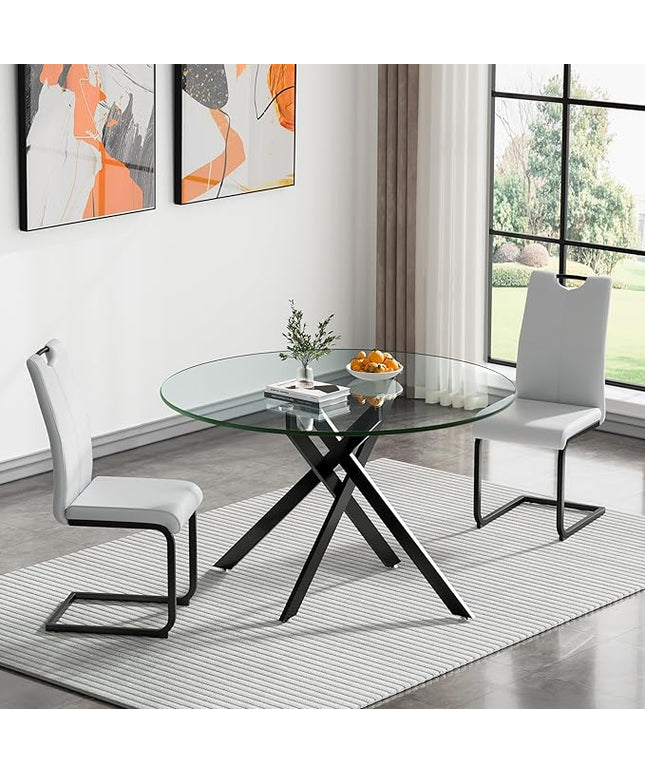 HomVent 3 Piece Round Glass Dining Table Set, Round Glass Kitchen Table Set for 2 with 2 PU Upholstered Dining Chairs for Kitchen Dining Room