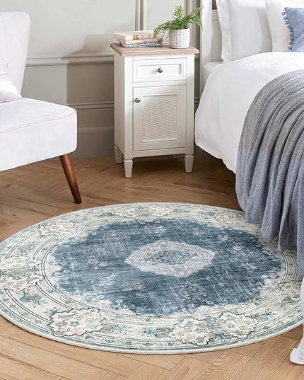 MUJOO Blue Round Rug 4ft,Circle Washable Area Rugs for Bedroom Living Room Bathroom,Boho Small Non Slip Circular Carpet, Floral