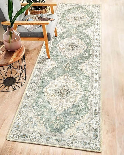 MUJOO Hallway Runner Rug 2'x8' Green Long Rug Runners Boho Machine Washable Non Slip Carpet for Entryway Kitchen Bathroom Bedside Retro Soft Low-Pile Blossom