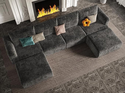 EASE MOOSE Boneless Modular Cloud Couch, Oversized U-Shaped Sectional Sofa for Living Room with Ottoman, Extra Large Movable Couches, 6-Deep-Seat Sofas for Bedroom, Apartment, Chenille (Dark Grey)