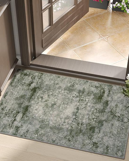 jinchan Green Floral 2x3 Rugs for Entryway - Vintage Washable Area Rug Ultra-Thin Low-Pile Soft Christmas Small Non-Slip Distressed Doormat for Entrance Kitchen Bedroom Bathroom (2x3ft, Forest Green)
