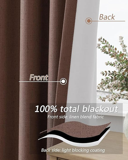 Guken 100% Blackout Curtains 96 Inch Length 2 Panels Set for Living Room Bedroom Back Tab Thermal Insulated Black Out Linen Drapes Room Darkening Cappuccino,52x96