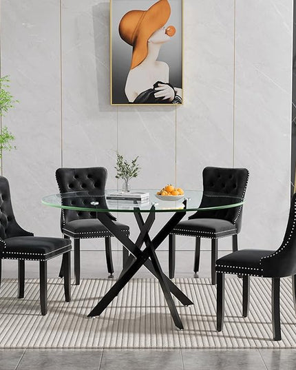HomVent 5 Piece Round Glass Dining Table Set, Tempered Glass Dinner Table Set for 4 Kitchen Table Set with 4 Velvet Upholstered Chairs for Kitchen Dining Room