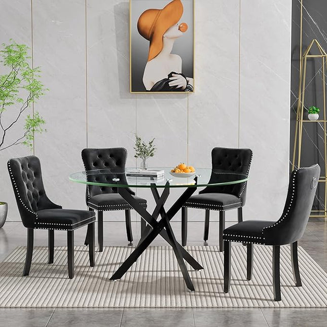 HomVent 5 Piece Round Glass Dining Table Set, Tempered Glass Dinner Table Set for 4 Kitchen Table Set with 4 Velvet Upholstered Chairs for Kitchen Dining Room