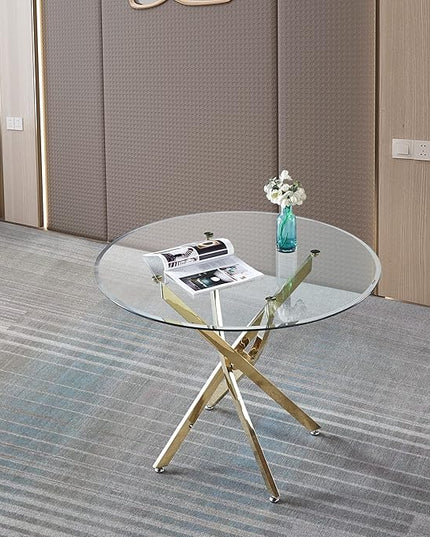 HomVent Round Glass Dining Table Set for 4, Modern Tempered Glass Kitchen Table Set and Chairs, Round Glass Dining Room Table Set for Kitchen (Gold, 36 inch Gold Table with 4 Green Chairs)