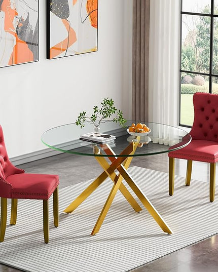 HomVent 3 Piece Round Glass Dining Table Set, Tempered Glass Dinner Table Set for 2 Kitchen Table Set with 2 Velvet Upholstered Chairs for Kitchen Dining Room