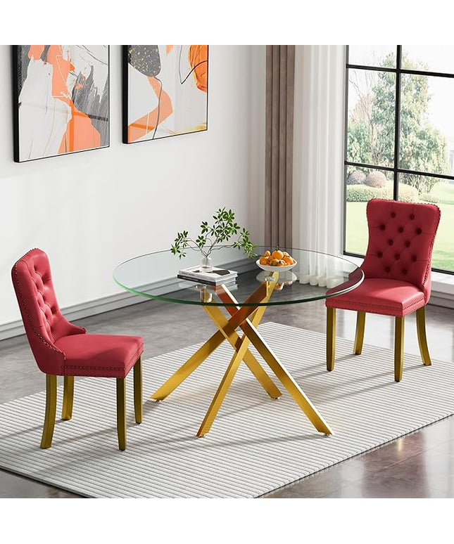 HomVent 3 Piece Round Glass Dining Table Set, Tempered Glass Dinner Table Set for 2 Kitchen Table Set with 2 Velvet Upholstered Chairs for Kitchen Dining Room