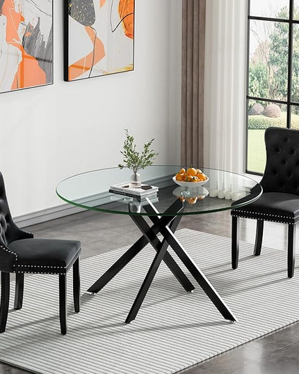 HomVent 3 Piece Round Glass Dining Table Set, Tempered Glass Dinner Table Set for 2 Kitchen Table Set with 2 Velvet Upholstered Chairs for Kitchen Dining Room