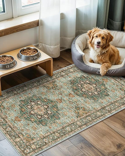 Green Oriental Entry Rug - 2x4 Washable Area Rugs for Kitchen Bathroom Non-Slip Ultra-Thin Indoor Door Mat Indoor Entrance - Stain Resistant Small Throw Carpet (Green, 2X4)