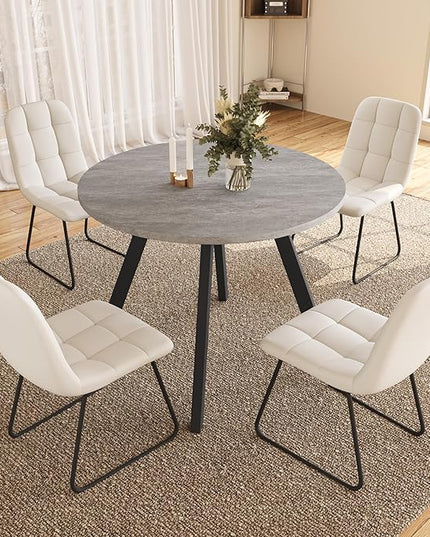 34.6'' Dining Table and Chairs for 4, Mid Century Modern Round Table Set, Space Saving for Apartment Kitchen Dining Room (Grey Table+4 U-Shaped White Chairs)