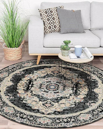 Black Round Rug 5ft, Circle Boho Area Rugs for Bedroom Living Room,Washable Vintage Bohemian Distressed Oriental Carpet Non Slip,Floral