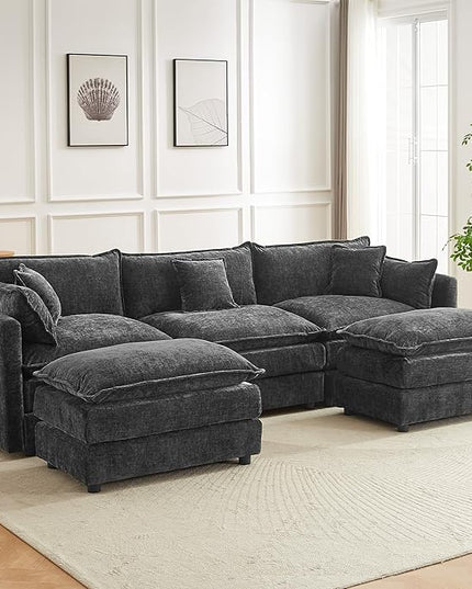 Modular Sectional Sofa, 112.2 Inch U Shaped Couch Set with Armrests, 3-Seater Comfy Cloud Couches with Movable Ottoman for Living Room Apartment, Grey
