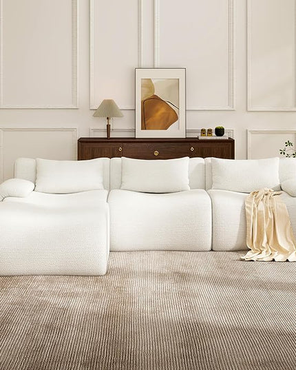 Boneless Couch White Modular Sectional Sofa for Living Room, 114'' L Shaped Compressed Couch in a Box with Ottoman, Modern Comfy 3 Seater Deep Foam Chenille No Assembly Couches for Bedroom