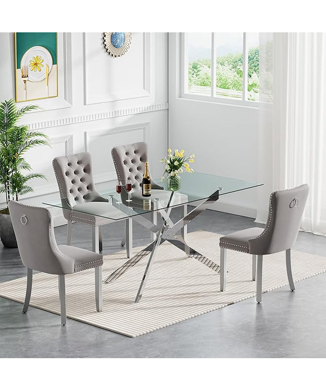 Modern 5-Piece Glass Dining Table Set for 4, Modern 60" Rectangle Silver Glass Dining Room Table Set with Light Grey Velvet Tufted Chairs Wood Legs for Kitchen Dining Room