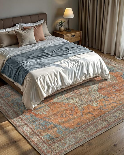 GLN Rugs Traditional Collection - Machine Washable Area Rug, Traditional Washable, Non Slip, Low Pile Chenille Rug, Living Room, Bedroom, Kitchen Rug (7'10"x10' Burnt Orange)