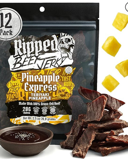 Ripped Beef Jerky - 100% Grass Fed Beef, 20g Protein, Real Ingredients, Gluten Free, No MSG, Made in USA (Pack of 12, Pineapple)