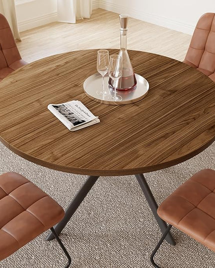 45.3 Inch Round Dining Table Set for 4, Mid Century Modern Small Coffee Set for Dining Room Kitchen Apartment (Light Walnut + 4 U-Shaped Brown Chairs)