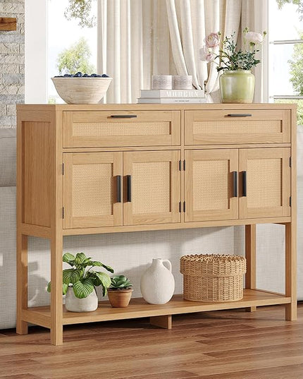 Maupvit Entryway Console Table with Large Storage Space, Sofa Table with Rattan Cabinet Doors, Buffet Table for Living Room, Hallway, Foyer Furniture for Home Decor, Nature Wood Color