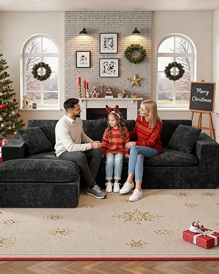 108" Sectional Couches for Living Room Boneless Couch Upholstered Cloud Couchs Sectional Modular Sectional Sofa with L Shaped (Chenille-Black, 3 Seat+1 Ottoman)