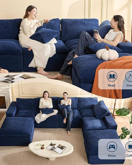 137.8” Sectional Couches for Living Room, Cloud Couch, Modular Sectional Sofa, Convertible Sofas Bed, Deep Seat Sofa, Sleeper Sofa Full Size, Corduroy, Blue