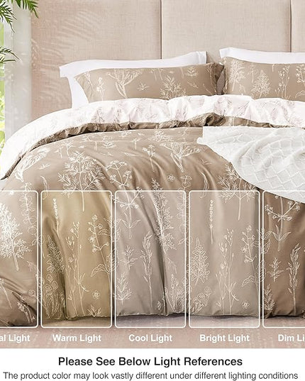 Love's cabin Light Taupe Comforter Set Queen - Queen Size Comforter Set, 3 Pieces Cute Floral Bedding Sets for All Seasons,1 Soft Reversible Botanical Flowers Comforter and 2 Pillow Shams