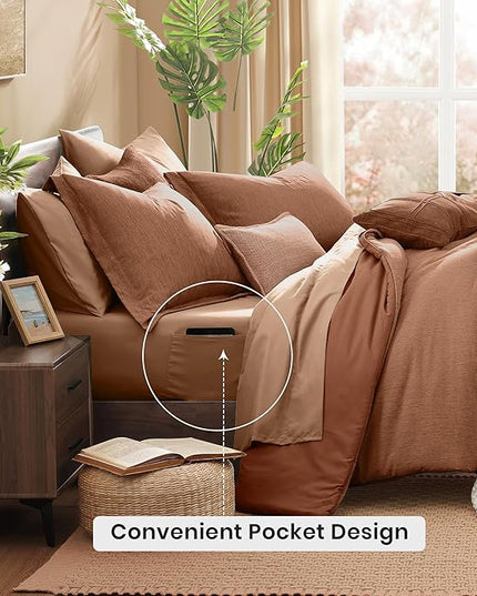 Monbix California King Comforter Set - 7 Pieces Cationic Dyeing Autumn Leaf Bed in a Bag Cal King Bed Sets with Comforter, Sheets, Pillowcases & Shams, Reversible Bedding Comforters Sets (108 * 92)