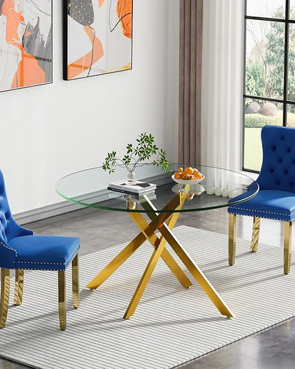 Round Glass Dining Table Set for 2, 47'' Clear Circular Kitchen Table and Chairs Set, 3PCS Modern Circle Dining Room Table Set with 2 Velvet Dining Chair for Home