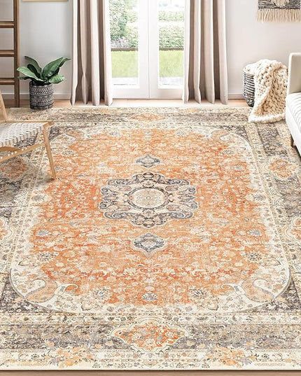 8x10 Area Rugs Washable,Boho Rug for Living Room Bedroom Dining Room,Large Vintage Bohemian Farnhouse Distressed Carpet Non Slip,Retro Orange Grey Floral