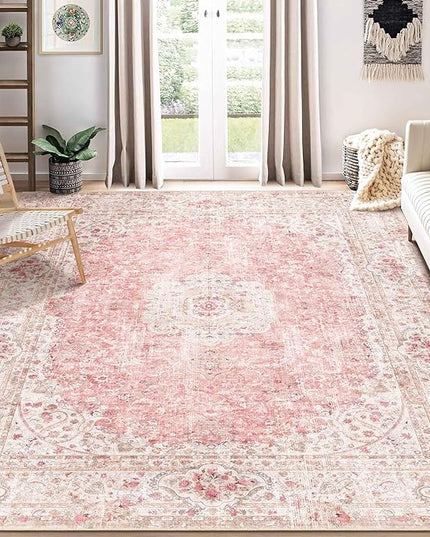 8x10 Area Rugs Washable,Pink Rug for Living Room Bedroom Dining Room,Large Boho Vintage Bohemian Distressed Carpet Non Slip,Blush