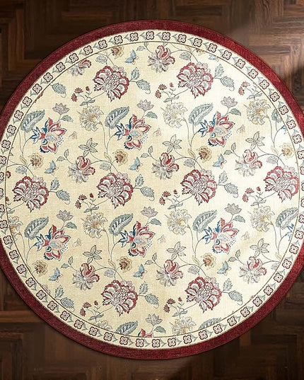 jinchan Elora 4ft Floral Round Rug for Entryway Washable Rug Vintage Romance Christmas Design Non Slip Indoor Doormat Lightweight Low-Profile Throw Carpet for Living Room Dining Room, Red/Beige