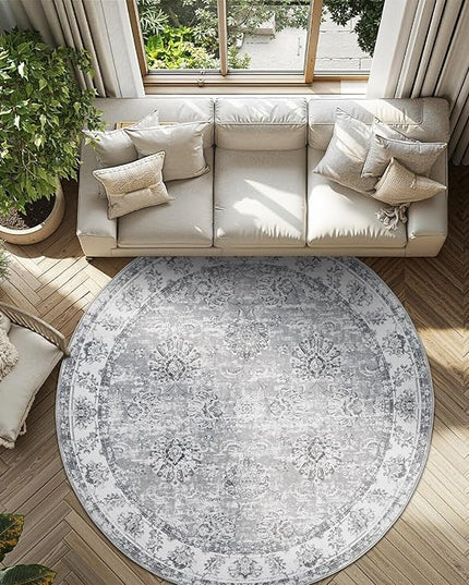 jinchan Fiora Round Rug 7ft Area Rug - Grey Vintage Floor Mat Indoor Ultra-Thin Soft Floral Print - Washable Circle 7' Retro Accent for Farmhouse Non Slip Dining Room Living Room Bedroom Office