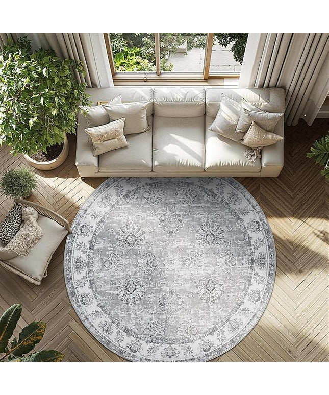 jinchan Fiora Round Rug 7ft Area Rug - Grey Vintage Floor Mat Indoor Ultra-Thin Soft Floral Print - Washable Circle 7' Retro Accent for Farmhouse Non Slip Dining Room Living Room Bedroom Office