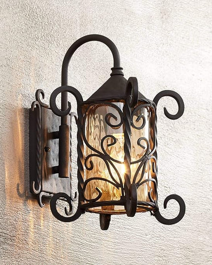 John Timberland Casa Seville Rustic Outdoor Wall Light Fixture Dark Walnut Scroll 13 1/4" Champagne Hammered Glass for Exterior House Porch Patio Outside Deck Garage Yard Front Door Garden Home