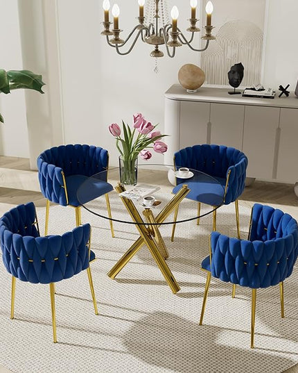 Modern Luxury Round Glass Dining Set for 4, 5 Piece Clear Minimalist Circle Glass Top Dinner Room Set, 39'' Small Circular Kitchen Table and Navy Blue Woven Set of 4, for Apartment (Golden)