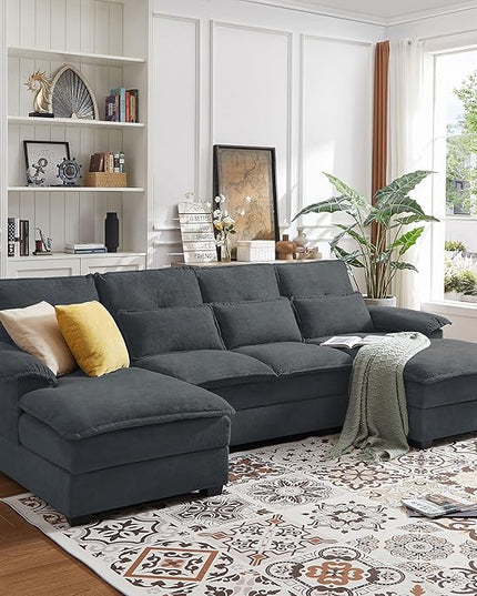110“ Convertible Sectional Sofa, U Shape Cloud Couch, Comfy Couches with Double Chaise and Sleepable Armrests, 4 Seats Sectional Couches for Living Room, Dark Grey