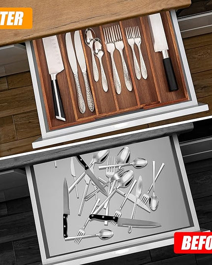 Bellsal Acacia Silverware Organizer Kitchen Drawer Organizer Expandable Bamboo Utensil Holder Cutlery Tray for Kitchen Utensil and Flatware Bedroom Office