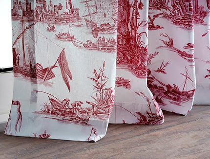 Maison d' Hermine Curtains for Living Room 100% Cotton 108 inch Length Two Panels Light Filtering Toile Curtains for Bedroom with Rod and Loop Pockets (Calais Red (White Background), 50" W x 108" L)
