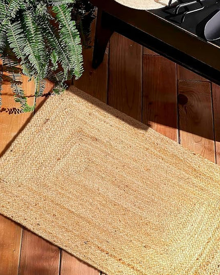 FRELISH DECOR Handwoven Jute Area Rug - 2x3 feet - Natural Yarn - Rustic Vintage Beige Braided Reversible Rug - Eco Friendly Rugs for Bedroom - Kitchen - Living Room - Farmhouse (2'x3')