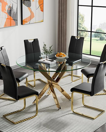 7 Piece Round Dining Table Set for 6, Modern Glass Kitchen Dining Room Table Set for 6, 47" Circle Gold Glass Metal Dining Table with 6 Black PU Leather Dining Chairs for Kitchen Dining Room