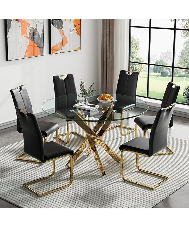 HomVent Round Glass Dining Table Set for 6, 7-Piece Modern Kitchen Table Set with 6 PU Upholstered Chair for Kitchen Dining Room, Glass Dining Room Table Set
