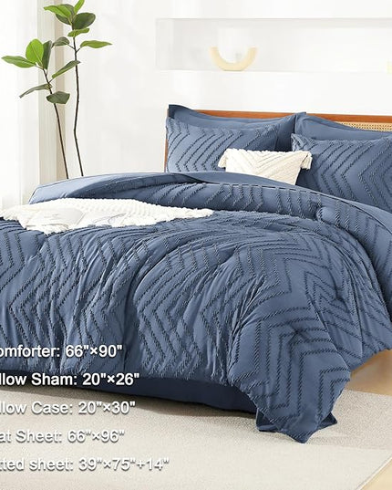 Litanika Twin Comforter Set with Sheets Ocean Blue - 5 Pieces Boho Tufted Shabby Chic Bed in a Bag, Fluffy Soft Farmhouse Bed Set for All Seasons