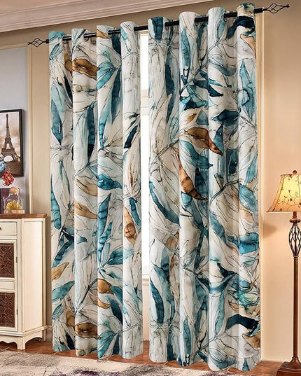 SUBRTEX Light Flitering Curtains 52Wx72L, Room Darkening Vibrant Floral Drapes, 50% Blackout, Semi Sheer Boho Farmhouse Curtains for Living Room, Blue