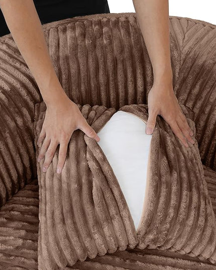 JACH Oversized Round Lazy Sofa Chair with Three Pillows, 50" Corduroy Deep Seat Single Sleeper Sofas, Upholstered Chaise, Cloud Couch for Living Room, Apartment, Light Brown