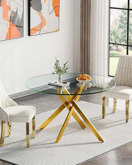 Round Glass Dining Table Set for 2, 47'' Clear Circular Kitchen Table and Chairs Set, 3PCS Modern Circle Dining Room Table Set with 2 Dining Chair for Home