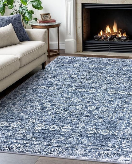 4x6 Washable Rug Blue Small Area Rug for Entryway Soft Non-Slip Indoor Door Rugs Distressed Floral Low-Pile Doormat, Neutral Vintage Carpet for Entrance Kitchen Bedside Farmhouse