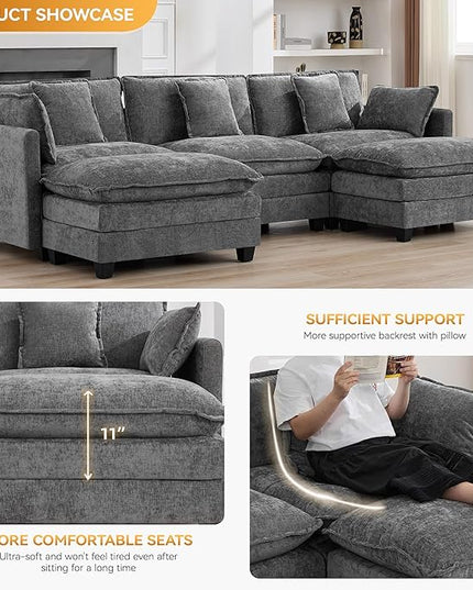 111'' Sectional Cloud Deep Seat Couch, Oversized Chenille U Shaped Sectional Sofa for Living Room Set, Comfy Upholstered Modular 3-Seats Sectional Sofa Couch with 2 Movable Ottoman, Grey