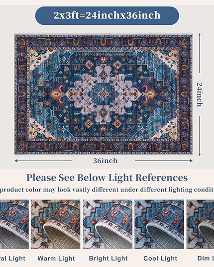 Ciicool Washable Vintage Area Rug, 2x3ft Small Boho Rug, Ultra Soft Rugs for Entryway, Non-Slip Entry Rugs Oriental Low-Pile Indoor Mat Floor Carpet for Entrance Bedroom Kitchen Bathroom Foyer Decor