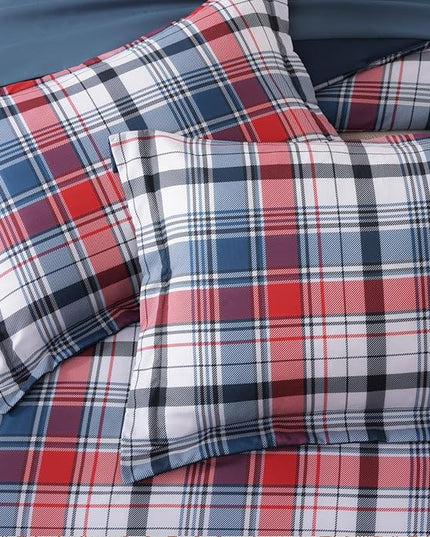 MaiRêve Queen Size Plaid Comforter Set Navy Red, Classic 7 Pieces Farmhouse Bedding Set, All Season Lightweight Bed in A Bag with Sheets, Pillowcases & Shams
