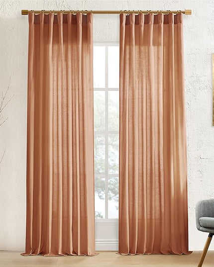 XTMYI Bohemian Rustic Curtains for Living Room Decor 2 Panel Set Linen Cotton Sheer Back Tab Hooks Pleated Fall Curtains for Bedroom Window,Pale Copper Rust Terracotta,96 Inch Long
